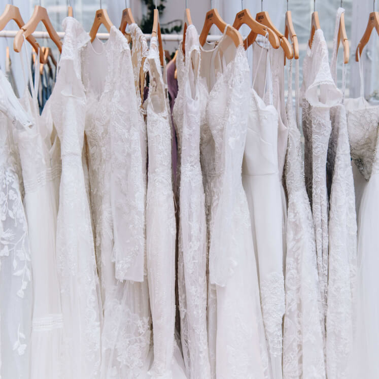 rack of hanging wedding gowns