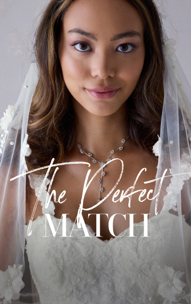 closeup of bride wearing an embellished veil promoting the perfect match