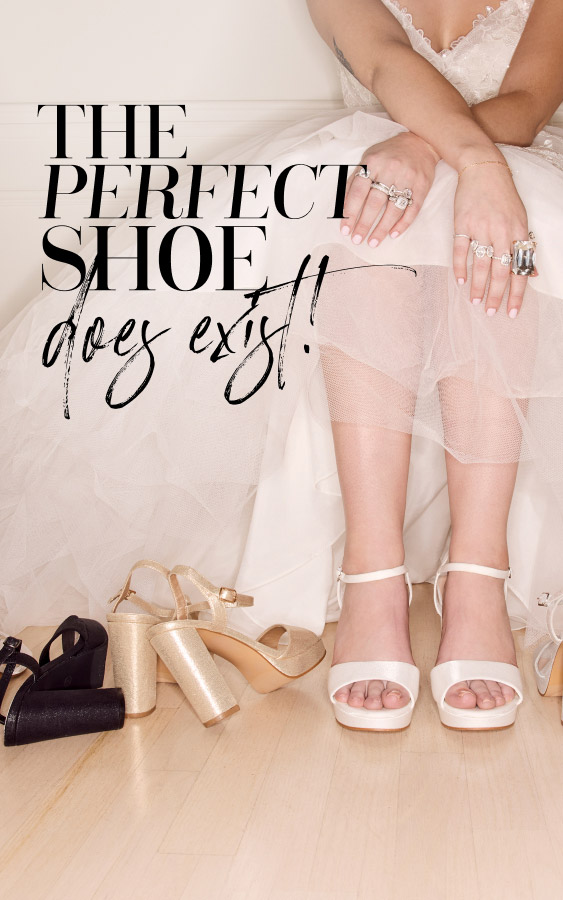 bride sitting on floor surround by shoes promoting the perfect shoe does exist!