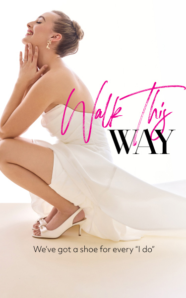 bride squatting in bridal shoes promoting walk this way we've got a shoe for every "i do"