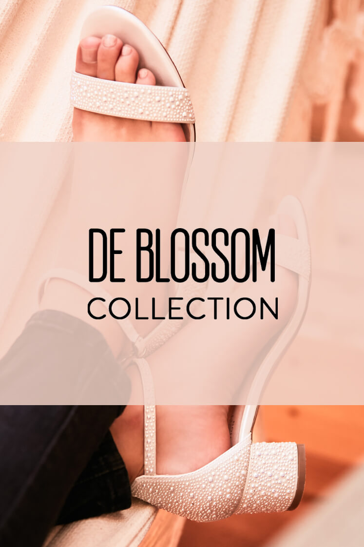 woman in white heel shoes with de blossom collection overlay