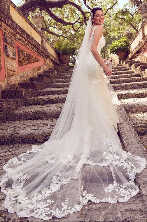 bride wearing wedding dress and veil standing on steps outside
