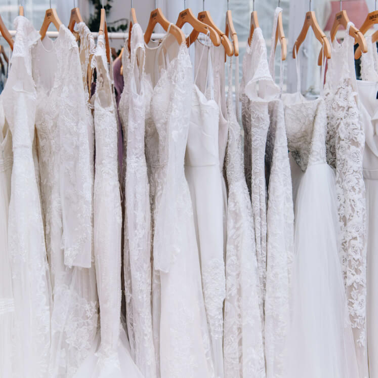wedding dresses hanging on a dress rack