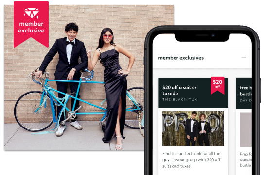 Collage of prom couple standing with a tandem bike with phone showing rewards