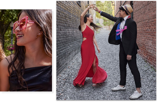 collage of prom dates dancing and girl in prom dress wearing sunglasses