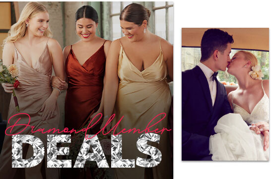 collage of bridesmaids walking and a bride and groom kissing in a car promoting diamond member deals