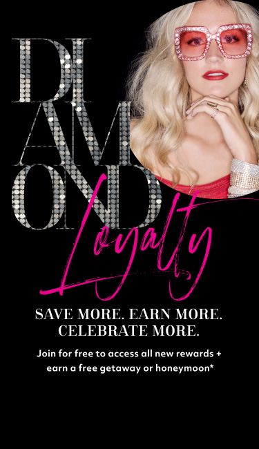 woman in red occassion dress and sunglasses promoting diamond loyalty save more. earn more. celebrate more. join for a free to access all new rewards + earn a free getaway or honeymoon*
