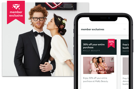 collage of a bride and groom and a phone showing the diamond loyalty app