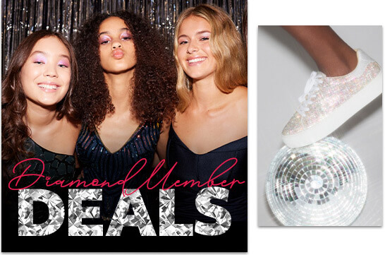 collage of girls in prom dresses with a shoe stepping on a disco ball promoting diamond member deals