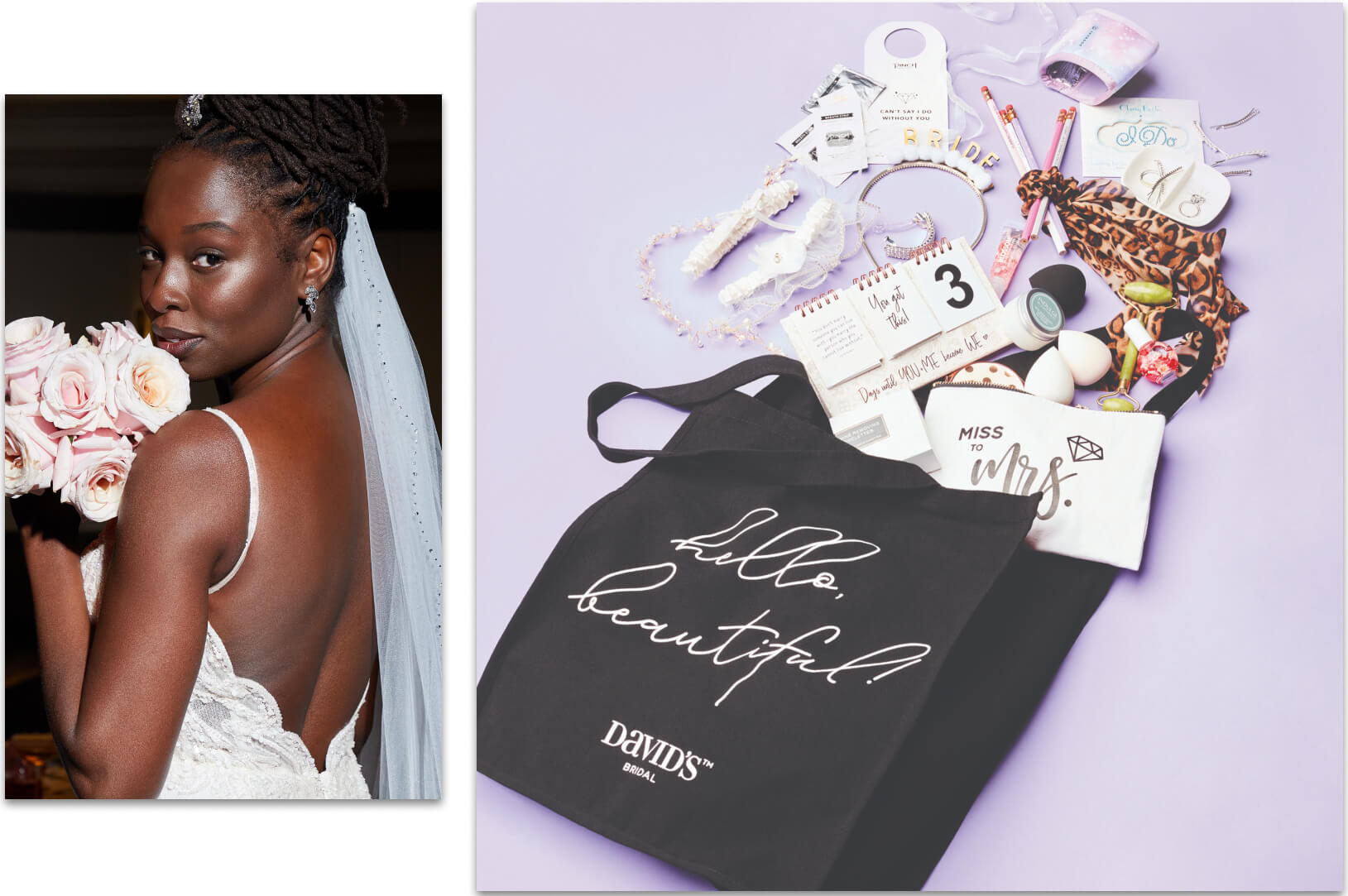 collage of a bride holding a bouquet and a bridesmaids gift bag