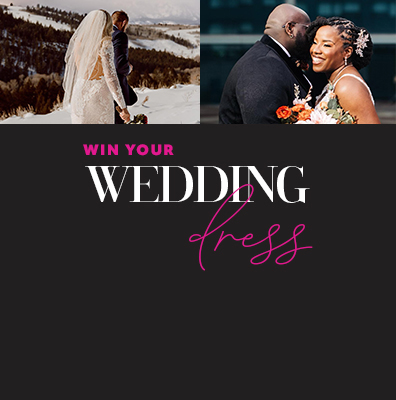 collage of couples promoting win your wedding dress