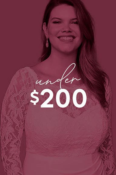 red image of bride in wedding dress with under $200 text overlay