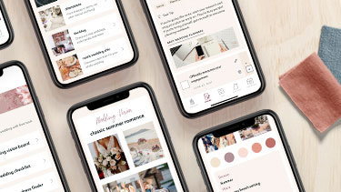 phones on a table displaying davids bridal wedding planning app