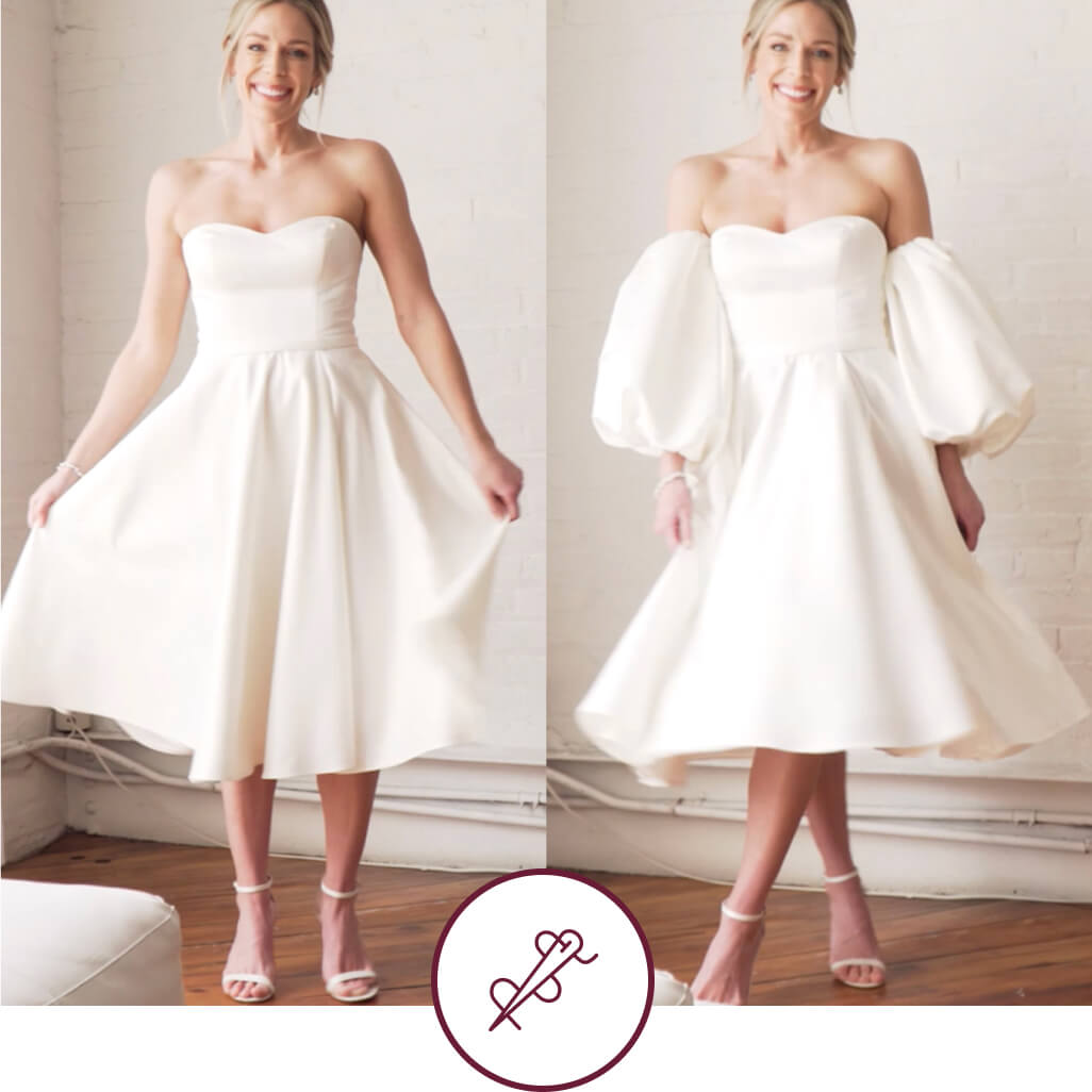 bride posing in wedding dress with and without sleeves