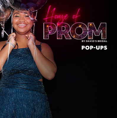 girl in prom dress holding balloons promoting house of prom by david's bridal pop-ups