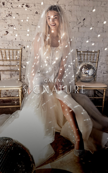 woman in wedding dress sitting in a chair surrounded by disco balls