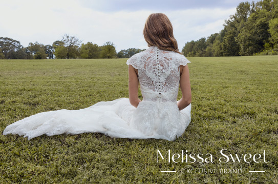 melissa sweet bride sitting in a field showing off the back of her dress