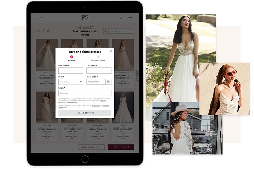 ipad screen with share functionality and three photos of brides in wedding dresses