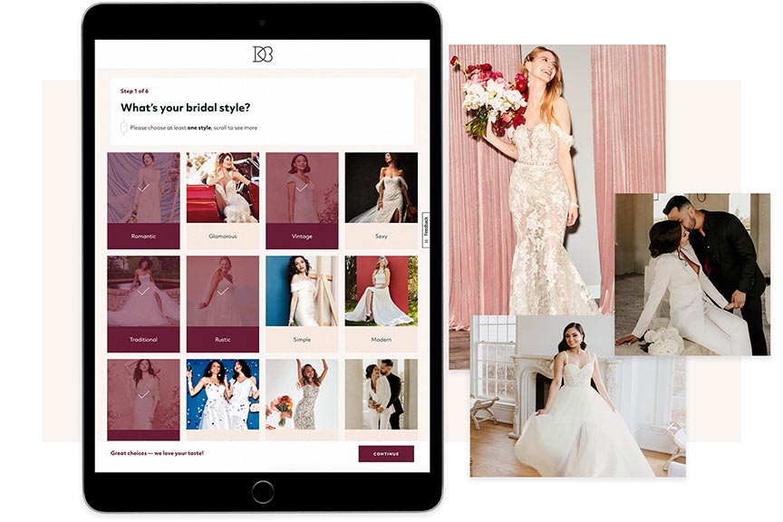 ipad screen with wedding dress quiz and three photos of brides to the right