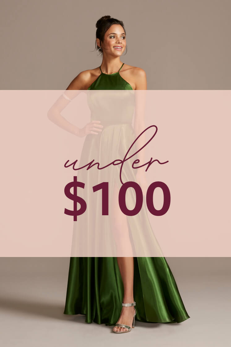woman in green dress with under $100 overlay