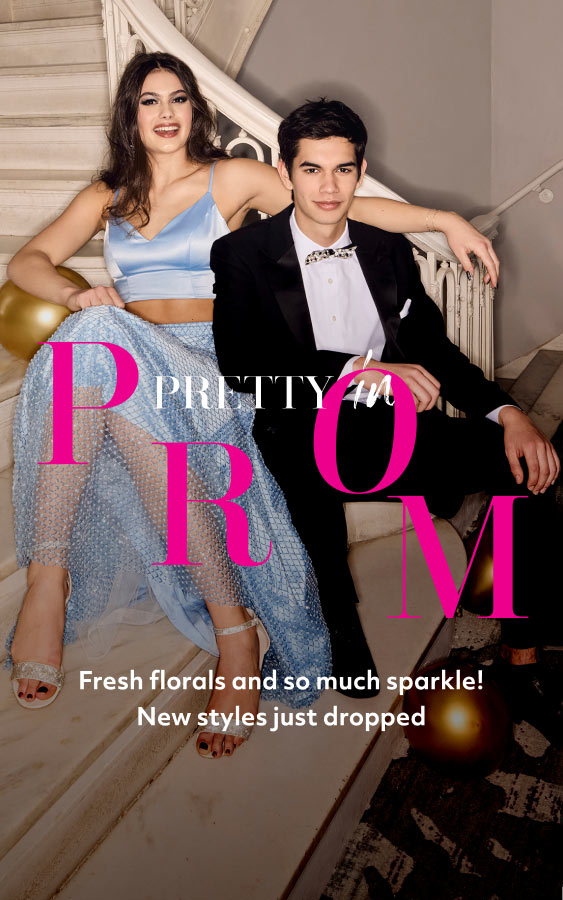 prom goers celebrating pretty in prom fresh florals and so much sparkle! new styles just dropped