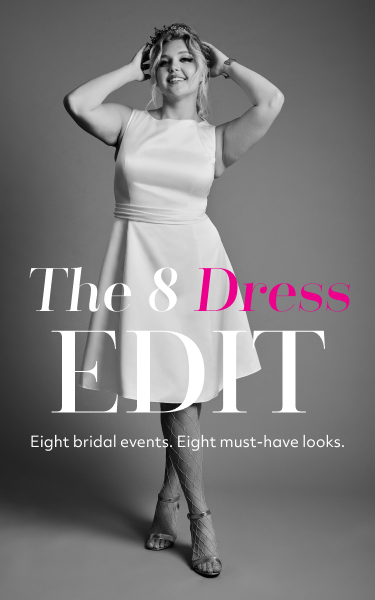 woman in little white dress holding a hair piece on her head for the 8 dress edit eight bridal events. eight must-have looks.