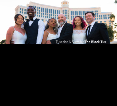 three couples standing together in front of a casino hotel tuxedos & suits by the black tux