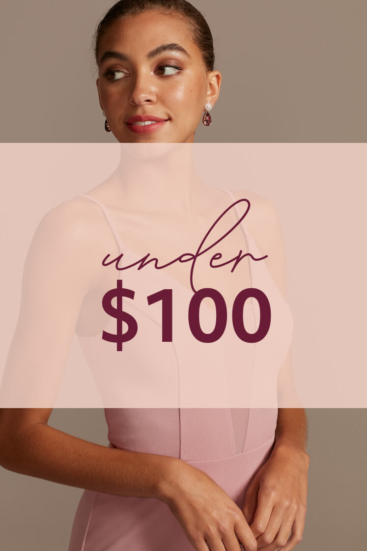 woman in pink dress with under $100 overlay