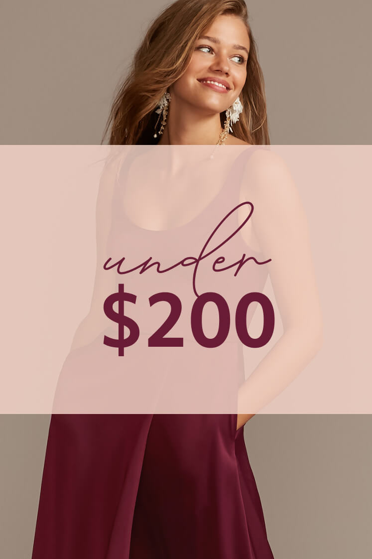 woman in red dress with under $200 overlay