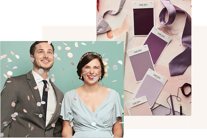 groomsman wearing a gray tuxedo standing with a bridesmaid wearing a light blue dress with purple fabric swatches next to them