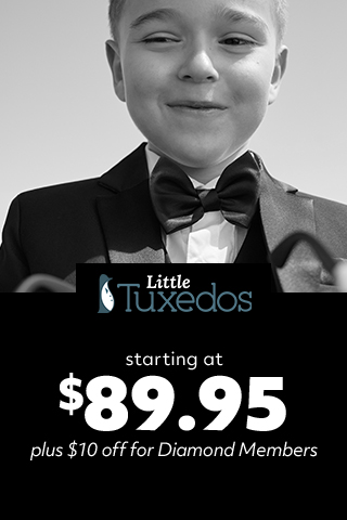 little boy in a tuxedo promoting little tuxedos starting at $89.95 plus $10 off for diamond members