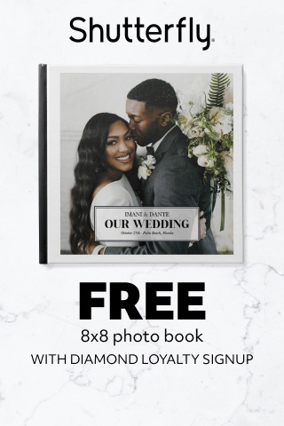 wedding photo book on a marble background promoting shutterfly free 8x8 photo book with diamond loyalty signup