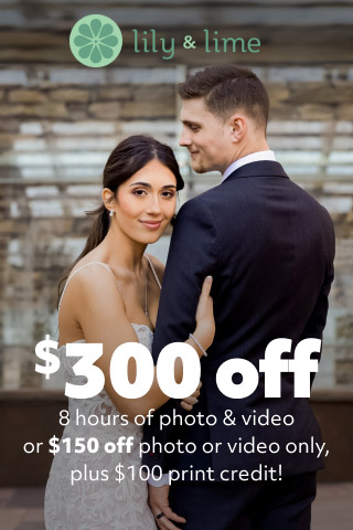 bride and groom embracing promoting lily & lime $300 off 8 hours of photo and video or $150 off photo or video only, plus $100 print credit!