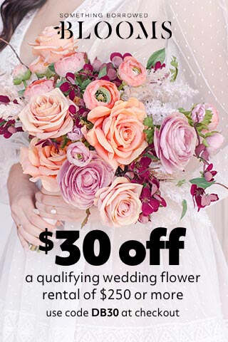 bride holding a flower bouquet promoting $30 off a qualifying wedding flower rental of $250 or more for something borrowed blooms