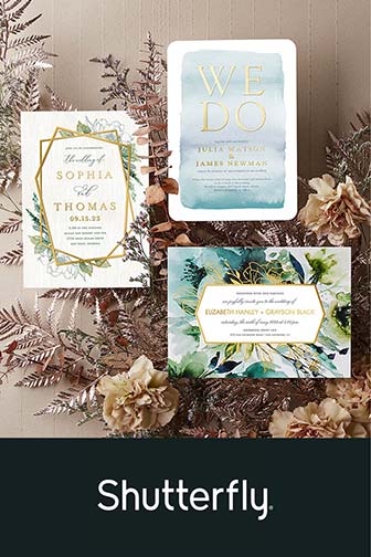 assortment of Shutterfly invitations with flower arrangement