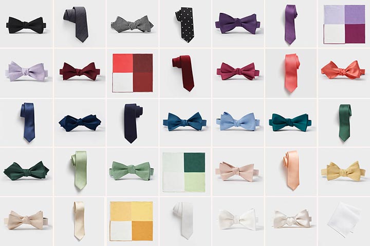 grid of multiple neckties, bow ties, and pocket squares in different shaoes and colors