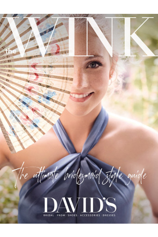 woman in bridesmaid dress holding a fan in front of her face promoting the ultimate bridesmaid style guide by davids