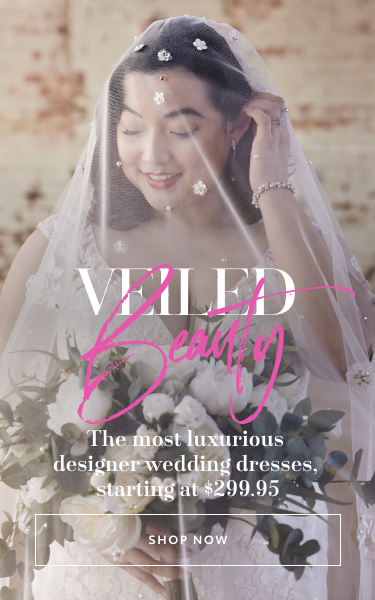 bride in a wedding dress with a veil over her face promoting veiled beauty the most luxurious designer wedding dresses, starting at $299.95