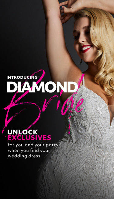 bride with her hands up abover her head promoting introducing diamond bride unlock exclusives for you and your party when you find your wedding dress!
