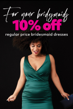 bridesmaid in fgreen dress on black background promoting for your bridesmaids 10% off regular price bridesmaid dresses