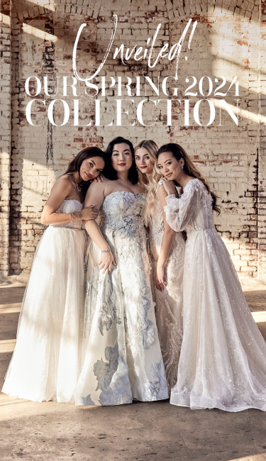 unveiled! our spring 2024 collection with a group of brides posing in a warehouse