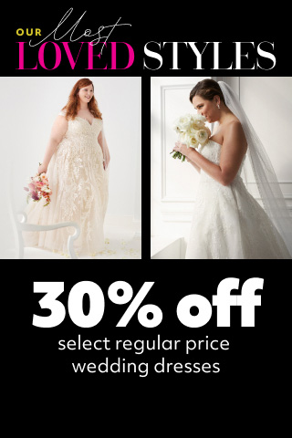 collage of brides promoting our most loved styles 30% off select regular price wedding dresses