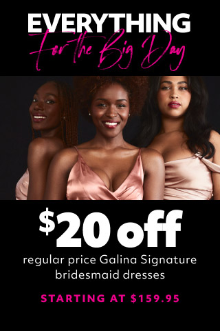 3 bridesmaids standing together promoting $20 off regular price galina signature bridesmaid dresses starting at $159.95