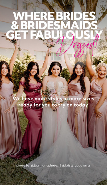 bride with her bridesmaids promoting where brides and bridesmaids get fabulously dressed! we have more styles in more sizes ready for you to try on today! photo by:@jessmariephoto_ & @kristyrappevents