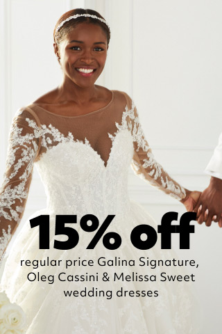 bride holding hands with groom promoting 15% off regular price galina signature, oleg cassini & melissa sweet wedding dresses