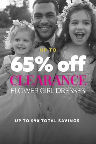 groom posing with 2 flower girls promoting up to 65% off clearance flower girl dresses up to $90 total savings